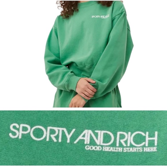 SPORTY & RICH Kelly Green Disco Crewneck Logo Sweatshirt NEW Size S - Picture 1 of 10